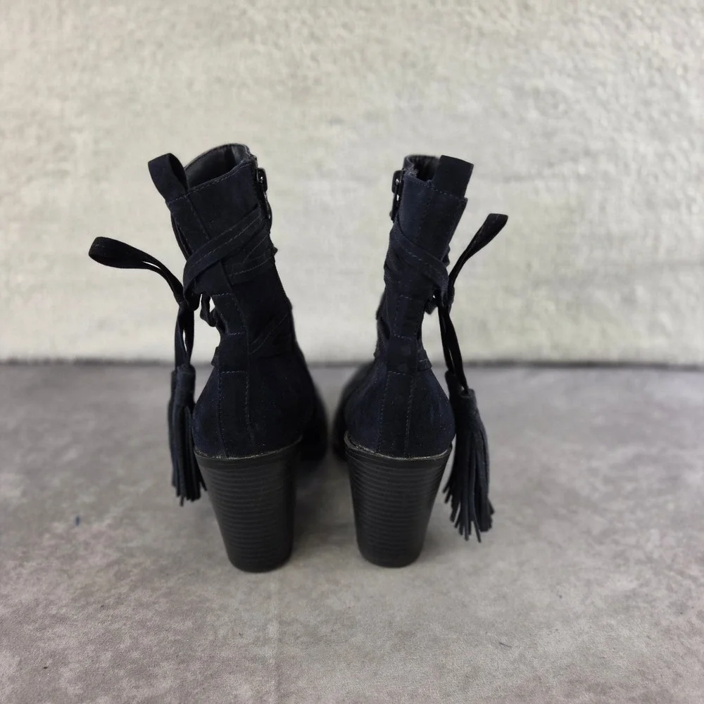 Clifton Navy Blue Faux Suede Tassel Ankle Boots Block Heel Women 7M